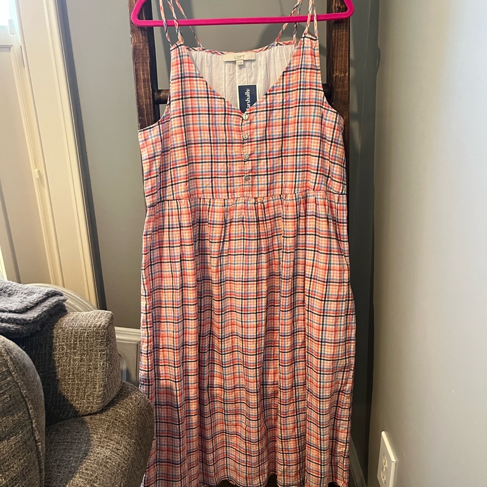 LOFT Pink orange & blue gingham Maxi Dress - size 14 brand new w tags